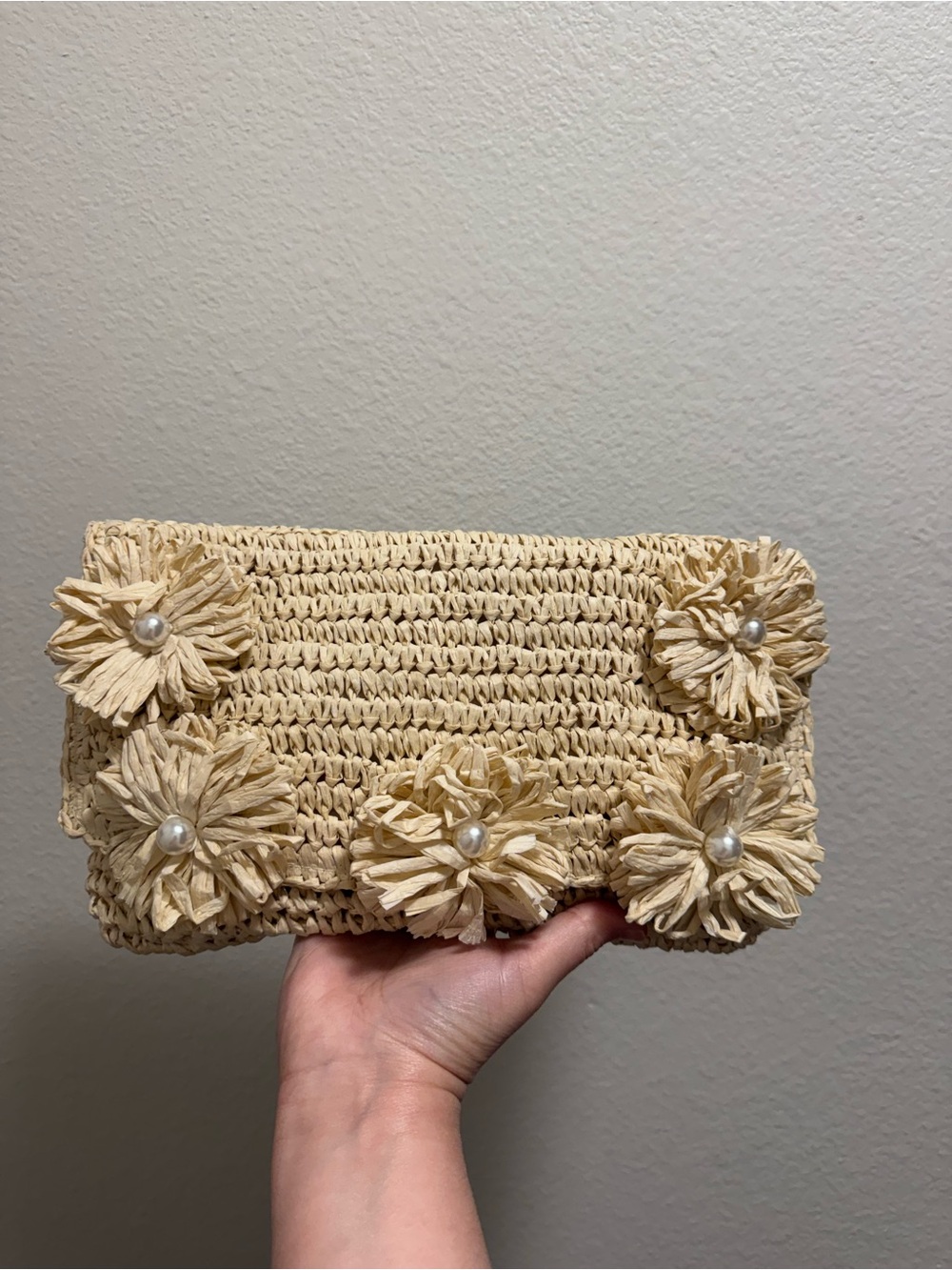 Natural Raffia Floral Clutch with Pearl Accents